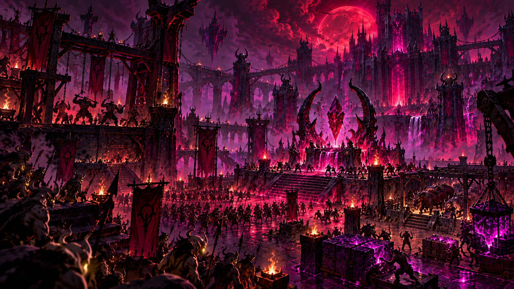 A dark tactical battlefield under a crimson moon